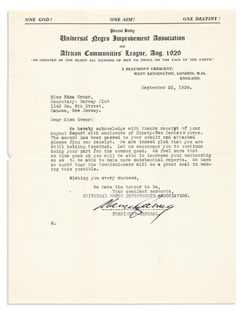 (CIVIL RIGHTS.) GARVEY, MARCUS. Two Typed Letters Signed, to Secretary of a Marcus Garvey club in NJ Edna Grear.